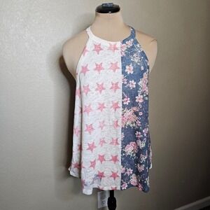 I.JOAH Womens Large Stars and Floral Split Halter Tank Top Blue Pink USA